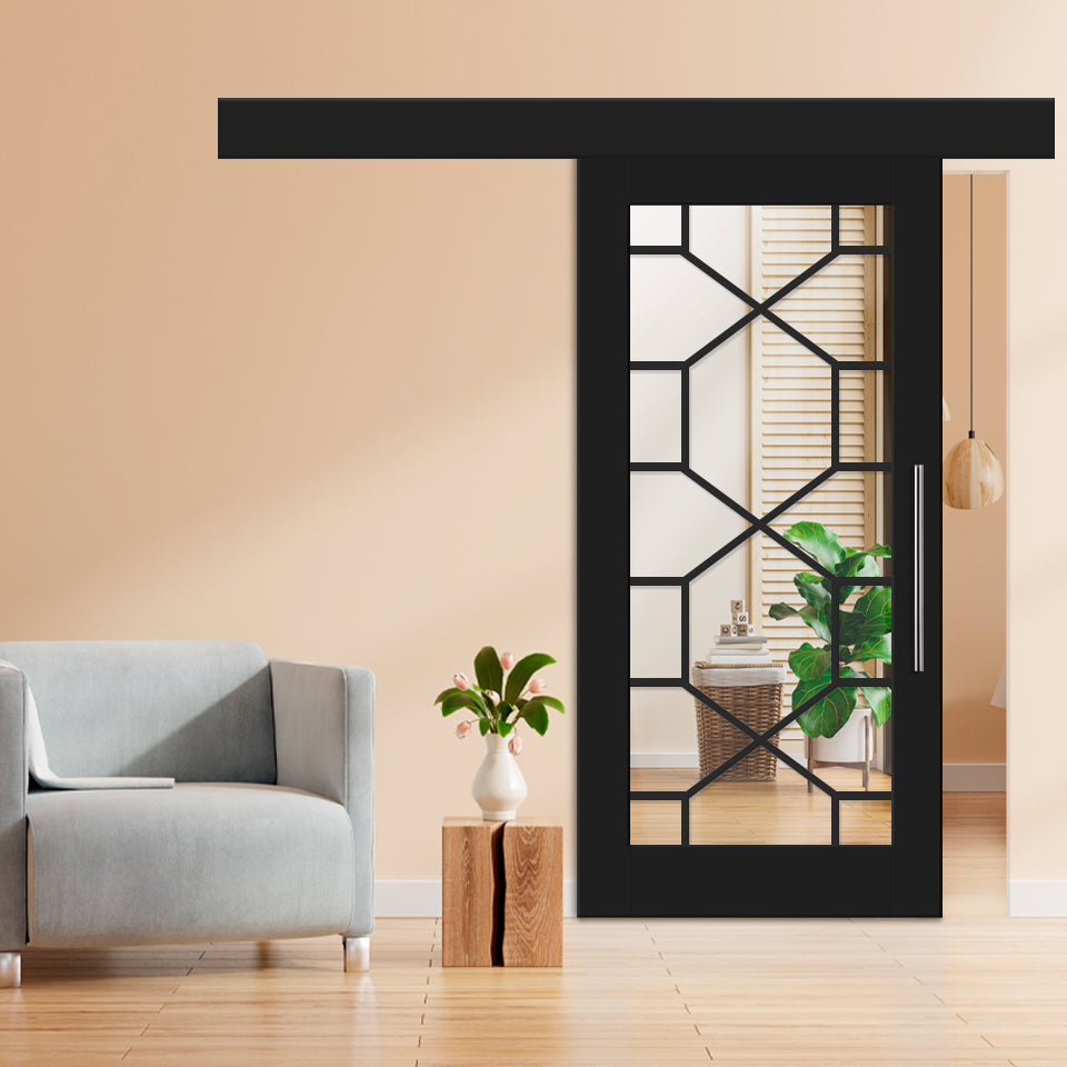 Puerta Corrediza De Madera Estilo Frances Con 18 Paneles de Espejo Insertado MEPC-3261